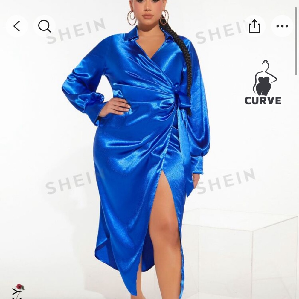 SHEIN SXY Plus Bishop Sleeve Wrap Knot Side Satin Dress